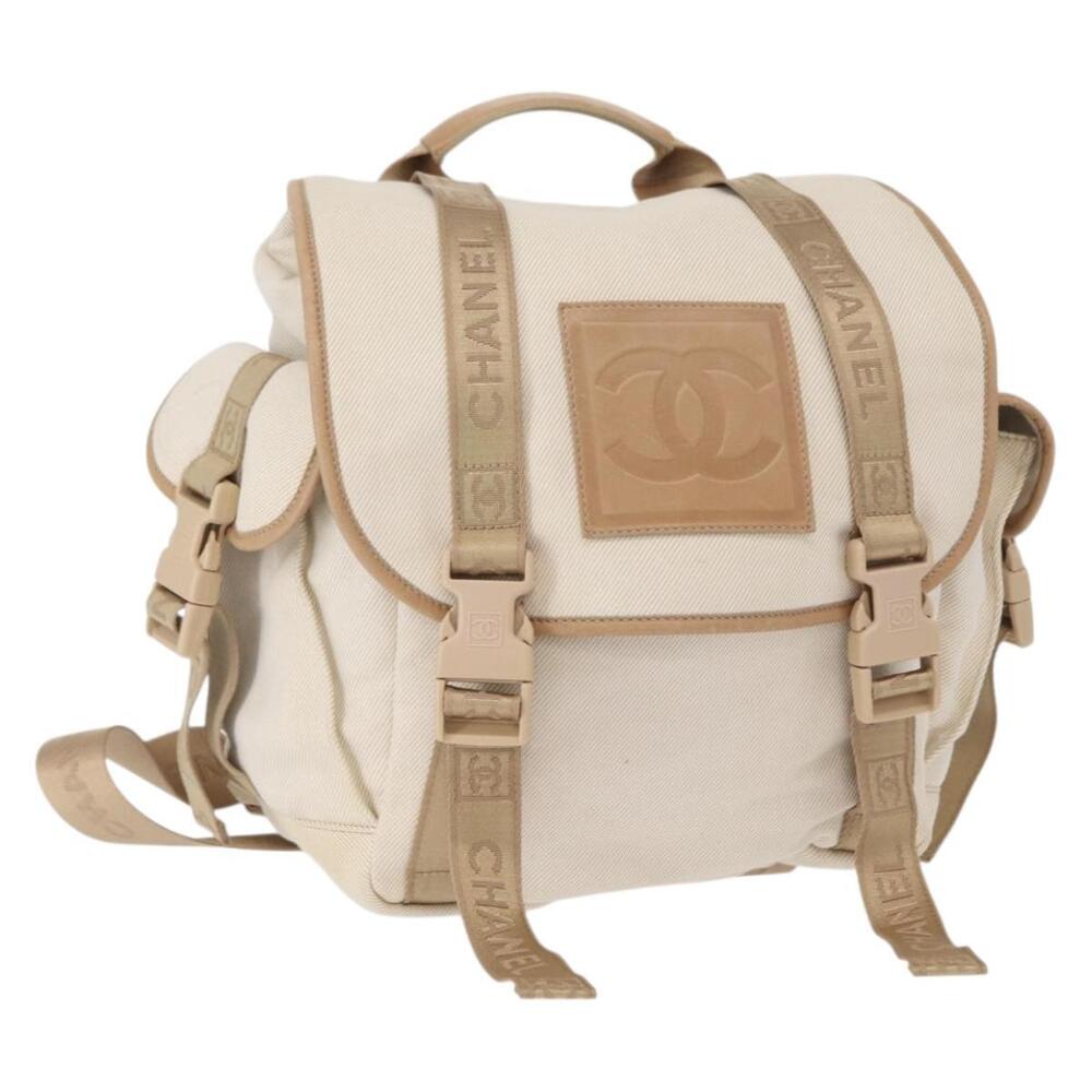 CHANEL Sports Backpack Canvas Beige Gold CC Auth hk3321V